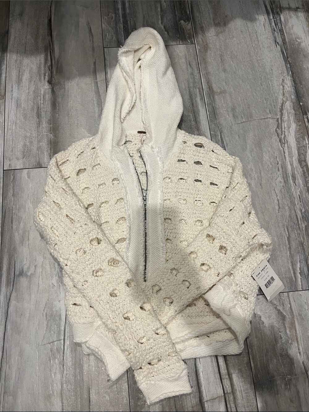 Free People Ivory Open-Knit Hooded Bomber Jacket